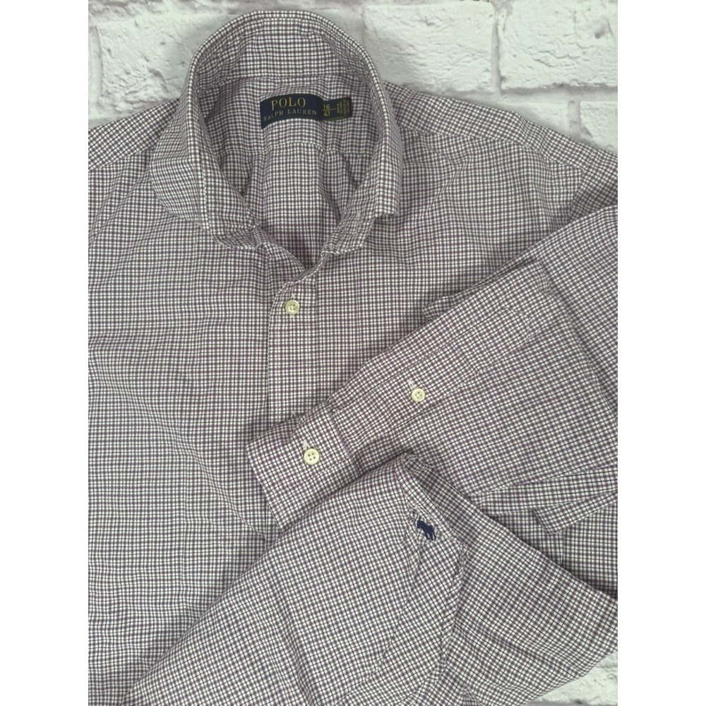 Polo Ralph Lauren Shirt Mens 16-41 Purple Check Long Sleeve Button Up Cotton